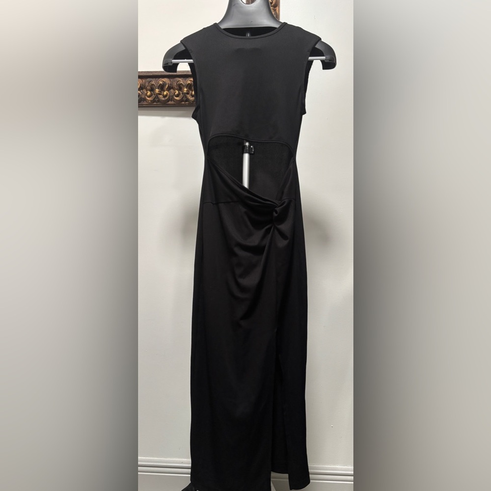 Boture Black Knitted Ribbed Midi Dress, Side Slit & Cutout Waist Size S